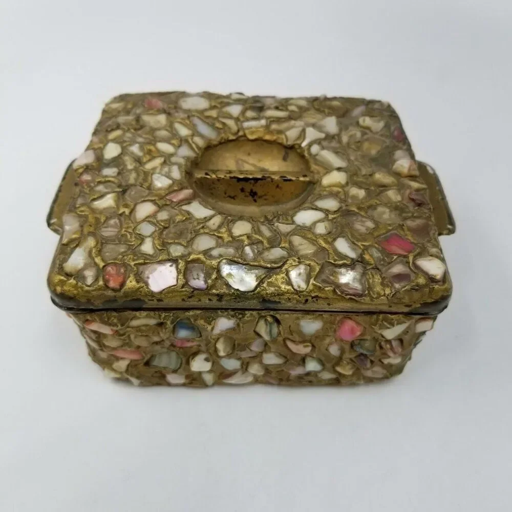 Moroccan Wedding Jewelry Box Inlaid Semi-Precious Stones Gems Gold 2.5
